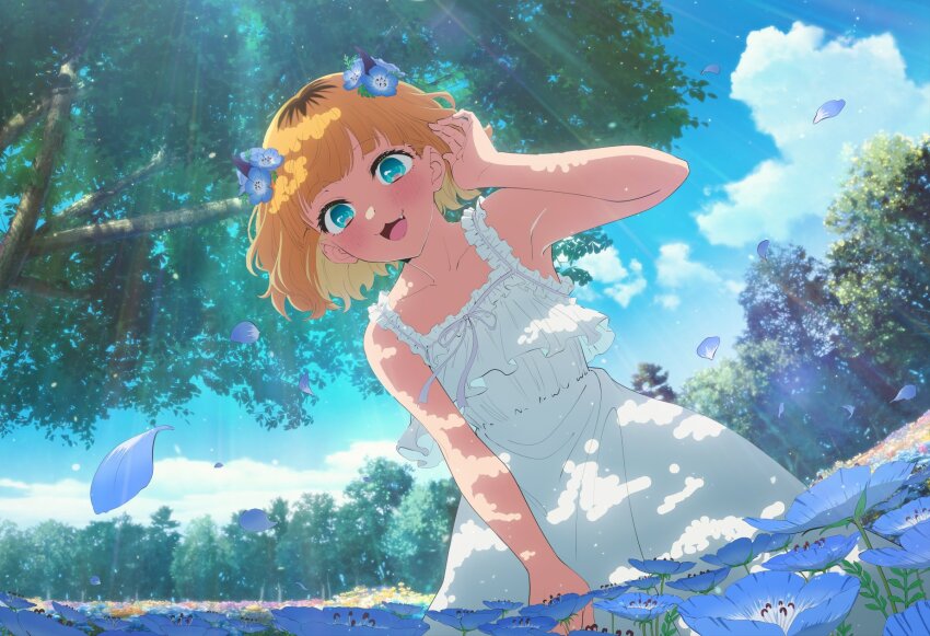 1girl :3 blonde_hair blue_eyes blue_flower blush bob_cut demon_horns dress fake_horns flower hair_flower hair_ornament highres horns memcho multicolored_hair official_art open_mouth oshi_no_ko outdoors roots_(hair) short_hair solo sunlight tree white_dress