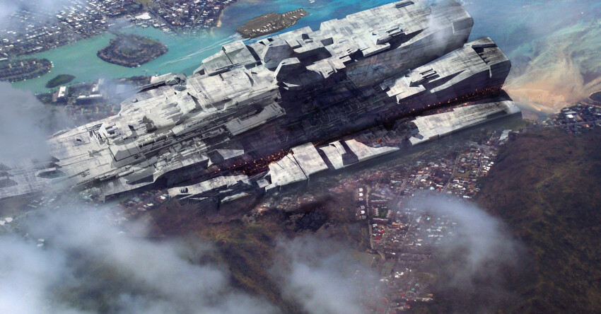 absurdres beach building choujikuu_yousai_macross cityscape cloud coldesign commentary dutch_angle english_commentary flying harbor highres island macross mecha no_humans ocean official_art production_art realistic redesign robot robotech robotech:_the_motion_picture science_fiction sdf-1 south_ataria spacecraft u.n._spacy water