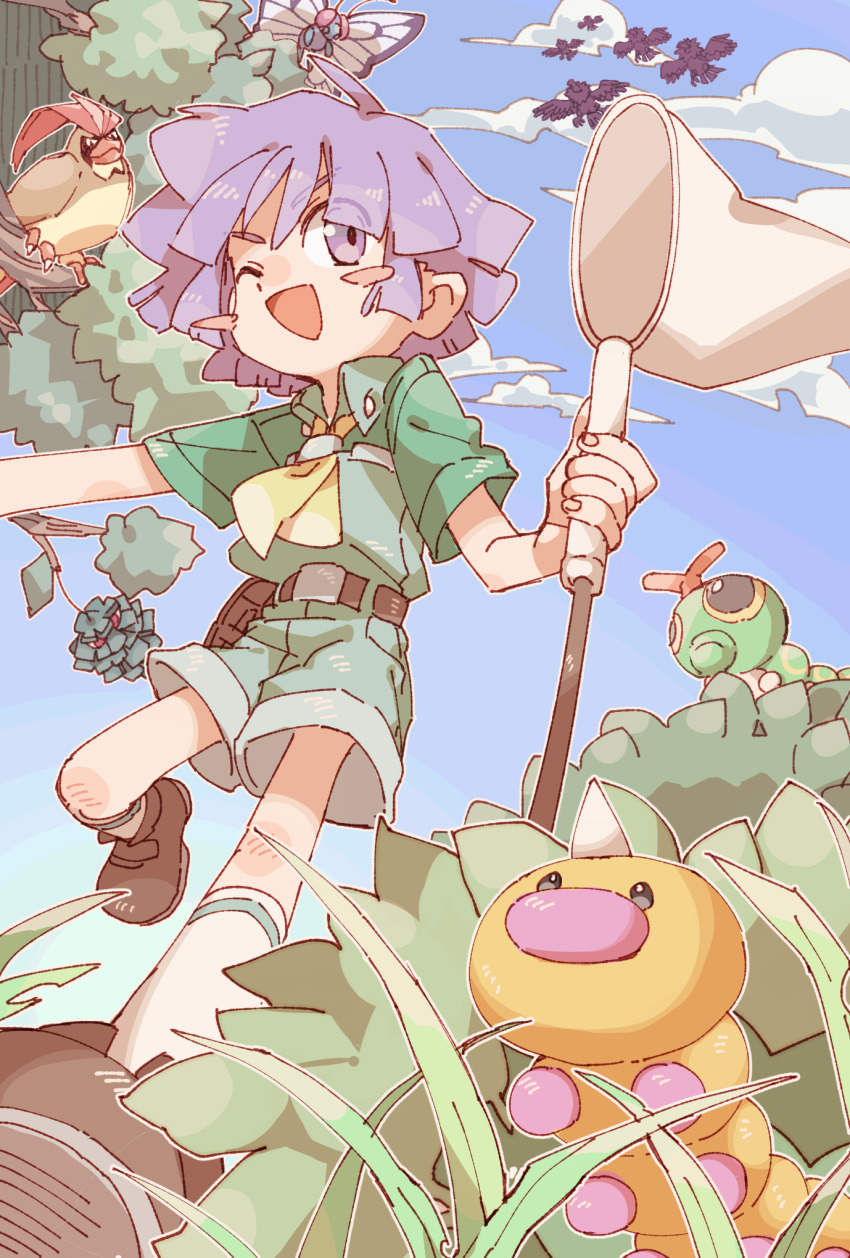 1boy ;d belt belt_buckle brown_belt brown_footwear buckle bugsy_(pokemon) bush butter butterfly_net butterfree caterpie fearow food gen_1_pokemon gen_2_pokemon grass green_shirt green_shorts hand_net highres holding holding_butterfly_net kirinoha male_focus nintendo one_eye_closed open_mouth outdoors pidgeotto pineco pokemon pokemon_hgss purple_eyes purple_hair shirt shorts sky smile socks tree weedle white_socks