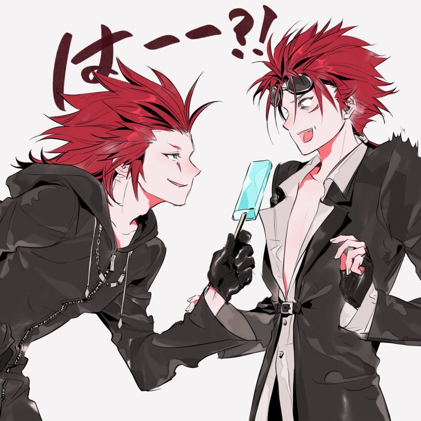 !? 2boys aqua_eyes axel_(kingdom_hearts) black_gloves black_jacket black_robe black_suit collared_shirt facial_mark final_fantasy final_fantasy_vii final_fantasy_vii_remake fingerless_gloves food formal_clothes gloves goggles goggles_on_head highres holding holding_food holding_ice_cream hood hood_down hooded_robe ice_cream ice_cream_bar jacket kingdom_hearts kingdom_hearts_ii leaning_forward male_focus medium_hair multiple_boys open_mouth parted_bangs red_hair reno_(ff7) robe shirt short_hair_with_long_locks sideburns smirk spiked_hair suit suit_jacket upper_body voice_actor_connection white_background white_shirt xevir3399