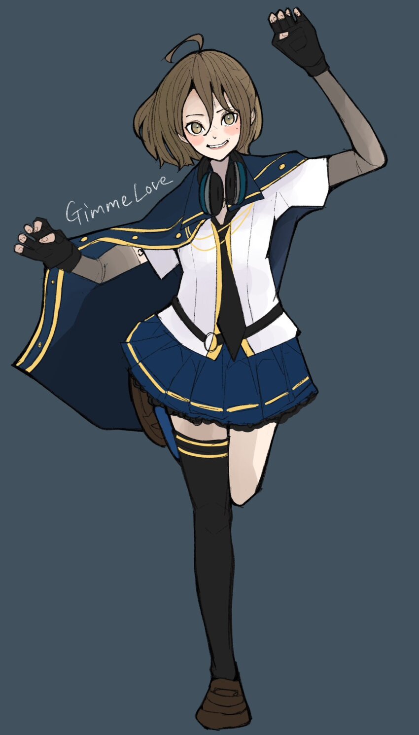 1girl ahoge arm_tattoo arm_up assault_lily asymmetrical_legwear awatsu_mai belt black_belt black_gloves black_hair black_necktie black_thighhighs blue_background blue_cloak blue_skirt blue_socks blush brown_hair brown_shoes cloak commentary_request cosplay detached_sleeves fingerless_gloves full_body gloves grin hair_between_eyes hand_up headphones headphones_around_neck heart heart_tattoo highres jewelry kawamura_yuzuriha kawamura_yuzuriha_(cosplay) kneehighs lace lace-trimmed_skirt lace_trim layered_sleeves leg_up loafers long_bangs long_sleeves looking_at_viewer loose_belt loose_necktie miniskirt mismatched_legwear mole mole_under_eye necktie o-ring o-ring_belt odaiba_girls_high_school_uniform parted_lips pendant pleated_skirt real_life sally_(allogkk) school_uniform shirt shoes short_hair simple_background single_stripe skirt smile socks solo song_name standing standing_on_one_leg striped_clothes striped_skirt tattoo thighhighs voice_actor_connection white_background white_shirt