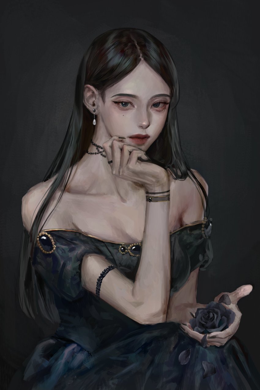 1girl absurdres ateli_er black_dress black_eyes black_flower black_gemstone black_hair black_nails black_rose bracelet commentary_request dark_background dress earrings flower gem hand_on_own_face highres holding holding_flower jewelry korean_commentary long_hair mole mole_under_eye nail_polish necklace off_shoulder original pedal ring rose sitting solo