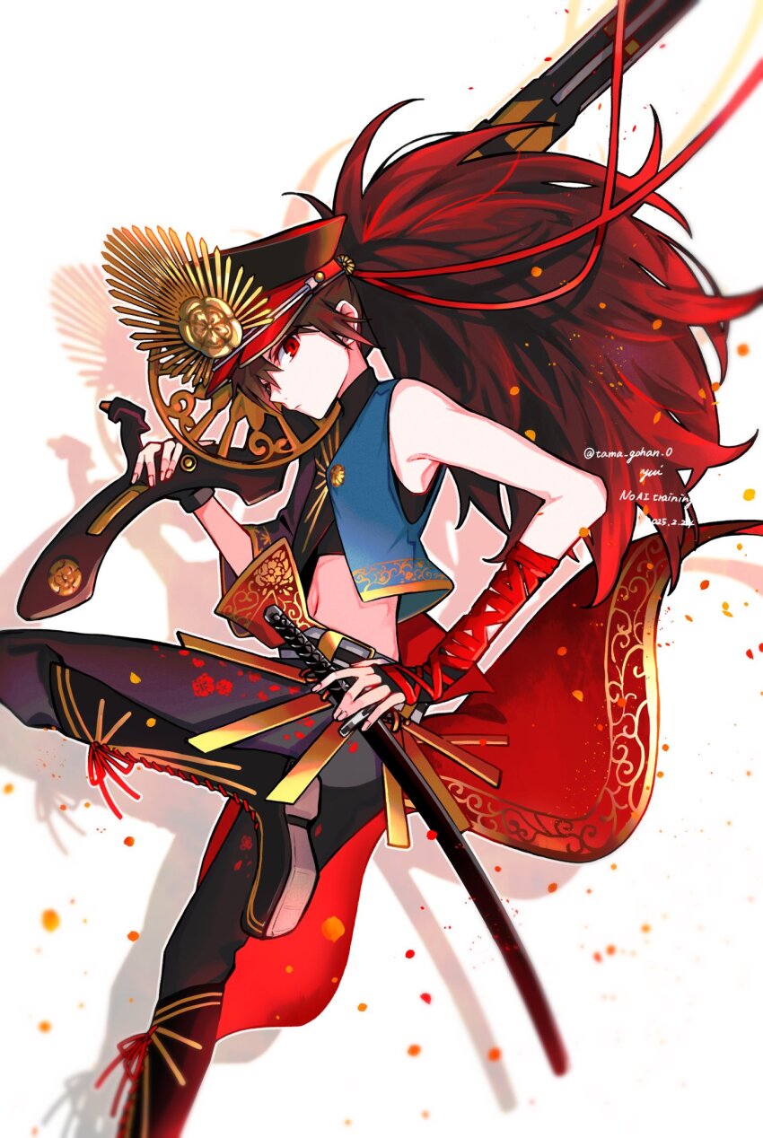 1boy antique_firearm arquebus asymmetrical_clothes black_boots black_gloves black_hair black_pants boots crest family_crest fate/grand_order fate_(series) fingerless_gloves firearm gloves gradient_hair gun hat highres katana knee_boots looking_at_viewer medallion military_hat multicolored_hair oda_kippoushi_(fate) oda_nobunaga_(fate) oda_uri pants peaked_cap ponytail red_eyes red_hair sheath sheathed single_sleeve sleeveless solo sword weapon wide_ponytail yui_(tamagohan)