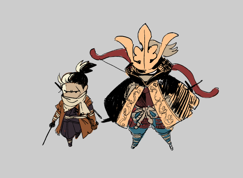 2boys armor ashina_genichirou black_hair bow_(weapon) brown_coat chibi chibi_only coat grey_background helmet holding holding_sword holding_weapon japanese_armor japanese_clothes kabuto_(helmet) kimono male_focus multiple_boys piyomotsu samurai scarf sekiro sekiro:_shadows_die_twice short_hair simple_background sword topknot weapon yellow_scarf