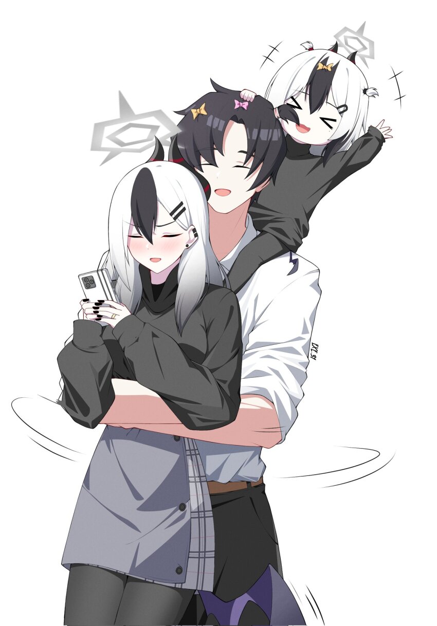 &gt;_&lt; 1boy 2girls :d black_hair black_pantyhose blue_archive blue_archive_the_animation blush bow carrying child closed_eyes demon_horns exe.31 hair_bow halo highres horns kayoko_(blue_archive) long_hair long_sleeves low_wings multicolored_hair multiple_girls open_mouth pantyhose piggyback plaid_clothes plaid_skirt red_eyes sensei_(blue_archive) sensei_(blue_archive_the_animation) shirt short_hair single_wing skirt smile sweater turtleneck turtleneck_sweater two-tone_hair white_hair white_shirt wings xd