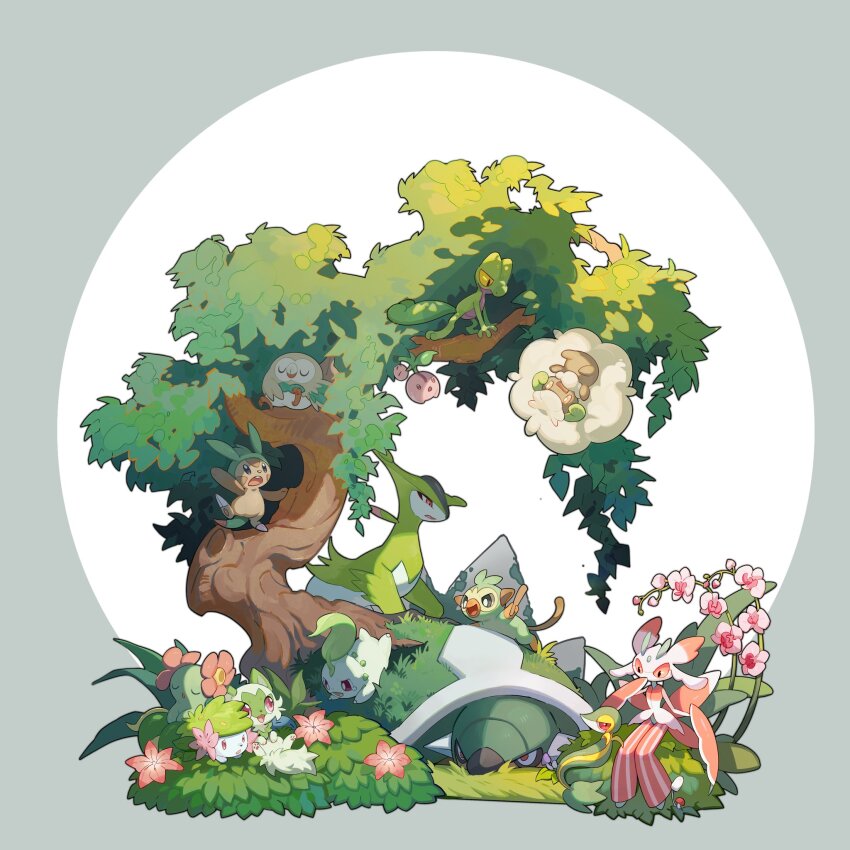 :d bellossom bird border bright_pupils bush cherubi chespin chikorita circle closed_eyes colored_sclera commentary facing_viewer flower foliage full_body gen_2_pokemon gen_3_pokemon gen_4_pokemon gen_5_pokemon gen_6_pokemon gen_7_pokemon gen_8_pokemon grass grey_background grey_border grookey highres lanjiujiu leaf legendary_pokemon looking_at_another looking_down looking_up lurantis lying mythical_pokemon nature nintendo no_humans open_mouth pink_eyes pink_flower pink_sclera pokemon pokemon_(creature) rowlet shaymin shaymin_(land) sitting_on_branch sleeping smile snivy sprigatito teeth torterra treecko two-tone_background u_u upper_teeth_only virizion whimsicott white_background white_pupils
