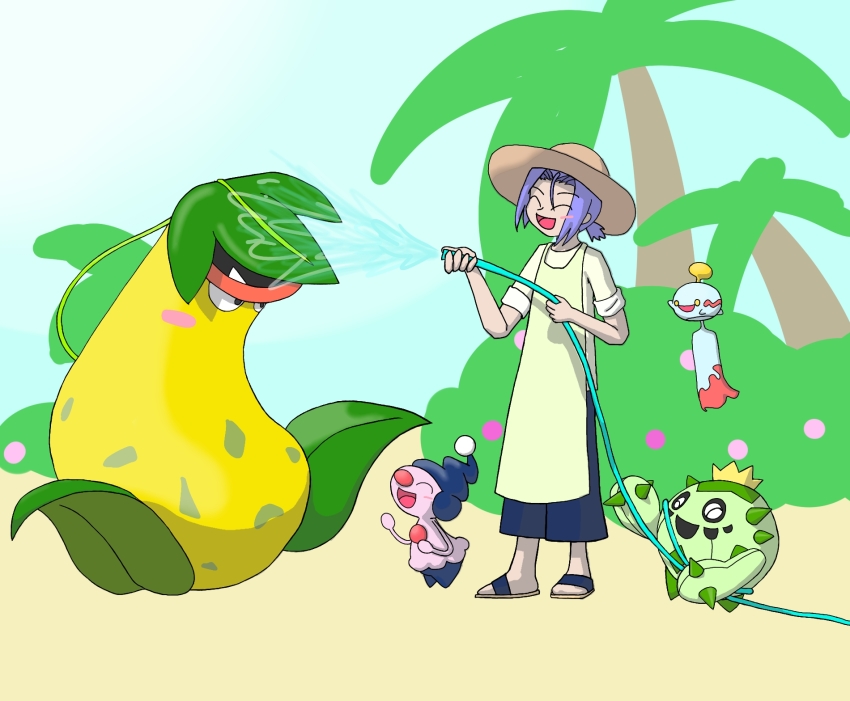 1boy blue_hair blush cacnea chimecho closed_eyes gen_1_pokemon gen_3_pokemon gen_4_pokemon happy harudon20 hat highres james_(pokemon) mime_jr. nintendo open_mouth pokemon pokemon_(anime) pokemon_(creature) smile team_rocket victreebel water
