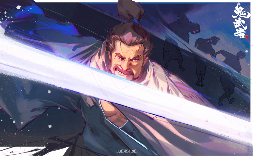 1boy artist_name beard facial_hair highres japanese_clothes luerstine male_focus mustache onimusha samurai scar scar_on_face slashing solo sword swordsman thick_mustache topknot weapon
