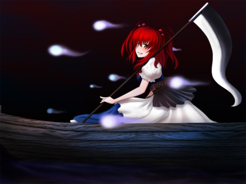 1girl bad_id bad_pixiv_id boat brown_eyes delant female_focus ghost grin hachifuku hair_bobbles hair_ornament onozuka_komachi red_hair scythe smile solo touhou twintails two_side_up water watercraft
