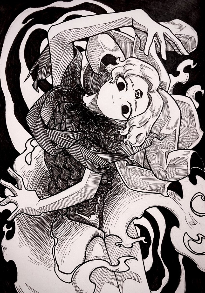1girl agaribito_snail arm_up black_background closed_mouth commentary cowboy_shot curtained_hair dress facial_mark forehead_mark greyscale hatching_(texture) high_contrast highres houjuu_chimi light_smile linear_hatching looking_at_viewer monochrome simple_background solo touhou traditional_media woven_hatching