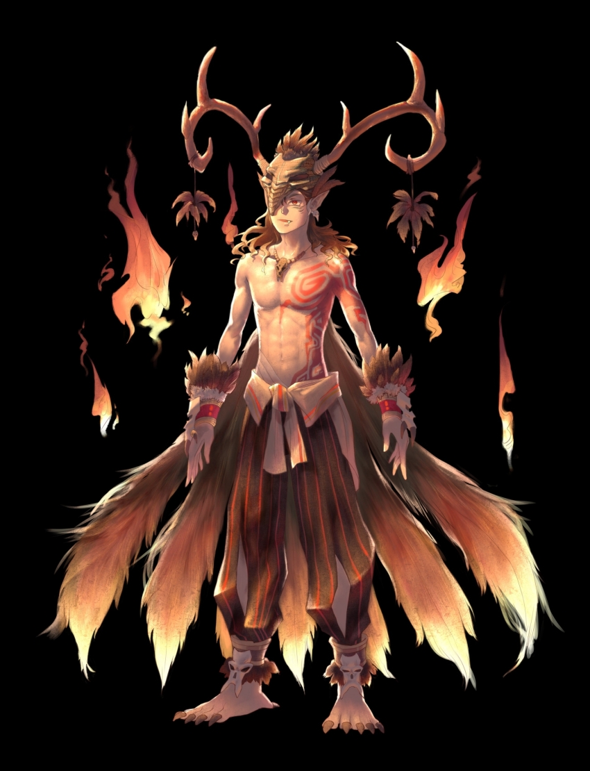 1boy abs absurdres animal_skull baggy_pants banban953 bare_shoulders barefoot black_background black_cape black_pants bracelet brown_hair cape chest_tattoo clothing_cutout fire full_body fur_cape fur_cuffs hat highres jewelry leaf leg_cutout long_hair male_focus one_eye_covered orange_eyes original pants parted_lips shoulder_tattoo simple_background skull-shaped_hat solo standing striped_clothes striped_pants talons tattoo toned toned_male topless_male vertical-striped_clothes vertical-striped_pants white_hat