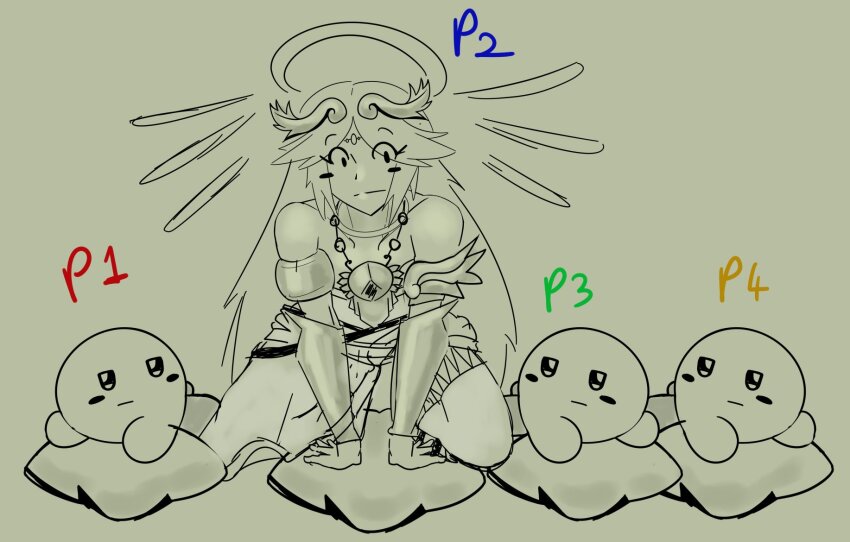 1girl blush_stickers circlet completely_unamused creator_connection crossover doodle_will halo halo_behind_head highres kid_icarus kid_icarus_uprising kirby kirby_(series) kirby_air_ride kirby_air_riders kneeling looking_at_viewer nintendo odd_one_out palutena sketch unamused warp_star