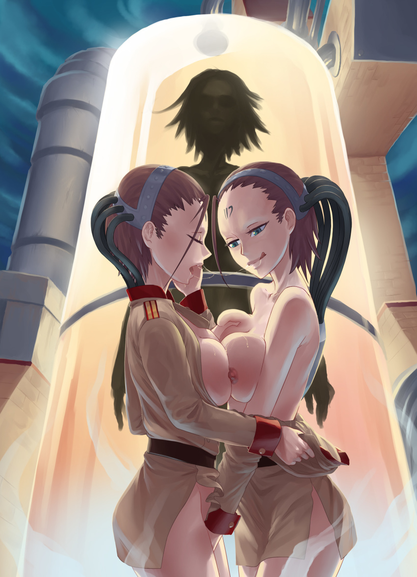 2girls bottomless breast_press breasts brown_hair clone closed_eyes command_&amp;_conquer command_&amp;_conquer:_red_alert command_&amp;_conquer:_red_alert_2 facial_mark fingering forehead_mark genderswap genderswap_(mtf) grabbing_another&#039;s_breast green_eyes groping highres jiffic medium_breasts multiple_girls name_connection nipples no_bra no_panties psychic red_alert_2 saliva saliva_trail selfcest short_hair steam symmetrical_docking tongue topless_female undressing uniform wrist_cuffs yuri yuri_(c&amp;c)