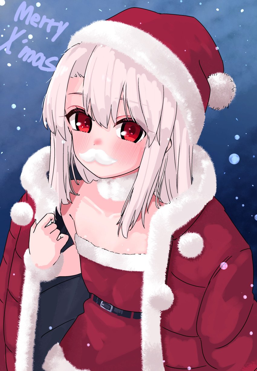 1girl absurdres bare_shoulders belt blush breasts christmas dress fake_facial_hair fake_mustache fate/kaleid_liner_prisma_illya fate_(series) fur-trimmed_dress fur-trimmed_headwear fur-trimmed_jacket fur_collar fur_trim hat highres illyasviel_von_einzbern jacket jacket_on_shoulders long_hair looking_at_viewer niwaikanai red_dress red_eyes red_hat red_jacket santa_costume santa_dress santa_hat sidelocks small_breasts snow solo white_hair