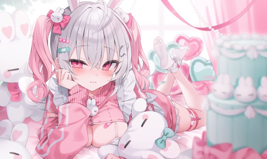1girl :3 absurdres ahoge animal_ears balloon bandaid_on_chest bow bra breasts cake cleavage cleavage_cutout clothing_cutout commission crossed_bangs elbow_rest extra_ears food frilled_skirt frills hair_bow hair_ornament head_rest heart_balloon highres jacket light_blush looking_at_viewer lying medium_breasts multicolored_hair on_stomach original pink_bow pink_eyes pink_hair pink_jacket pink_skirt rabbit_ears rabbit_hair_ornament second-party_source shu_bii skirt socks solo string_bra stuffed_animal stuffed_rabbit stuffed_toy the_pose thigh_strap track_jacket twintails two-tone_hair underwear white_bra white_hair white_socks