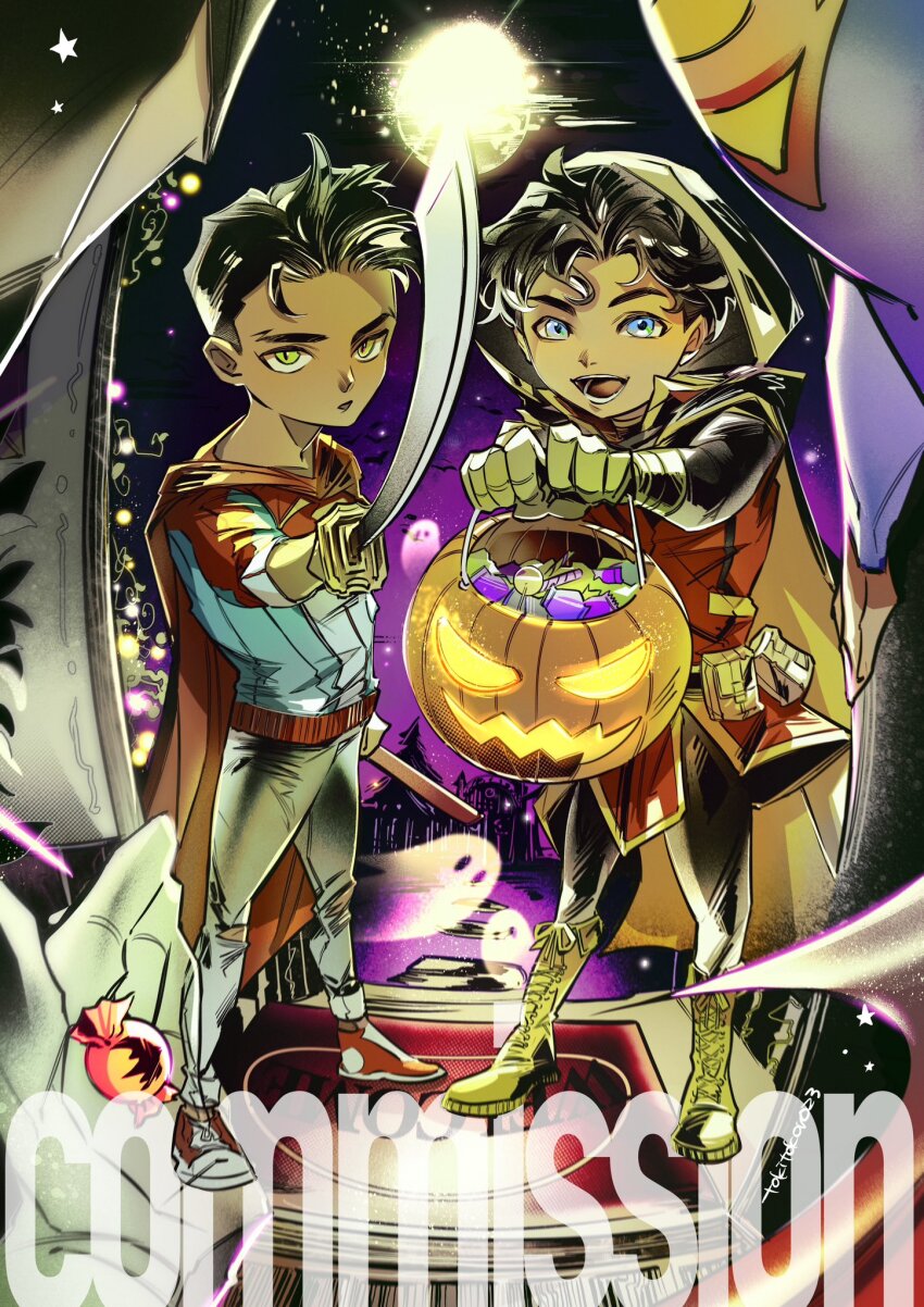 4boys bat_(animal) batman batman_(series) belt black_hair candy child commission cosplay costume_switch damian_wayne dark-skinned_male dark_skin dc_comics food ghost gloves green_eyes halloween highres jack-o&#039;-lantern jonathan_kent male_focus multiple_boys night robin_(dc) super_sons superboy superhero_costume superman superman_(series) sword tokitokororo utility_belt weapon welcome_mat white_gloves