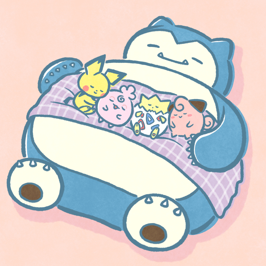 blanket cleffa closed_eyes closed_mouth commentary_request creatures_(company) game_freak gen_1_pokemon gen_2_pokemon highres igglybuff lying lying_on_another momo_irone nintendo no_humans official_art on_back pichu pink_background pokemon pokemon_(creature) simple_background sleeping smile snorlax togepi