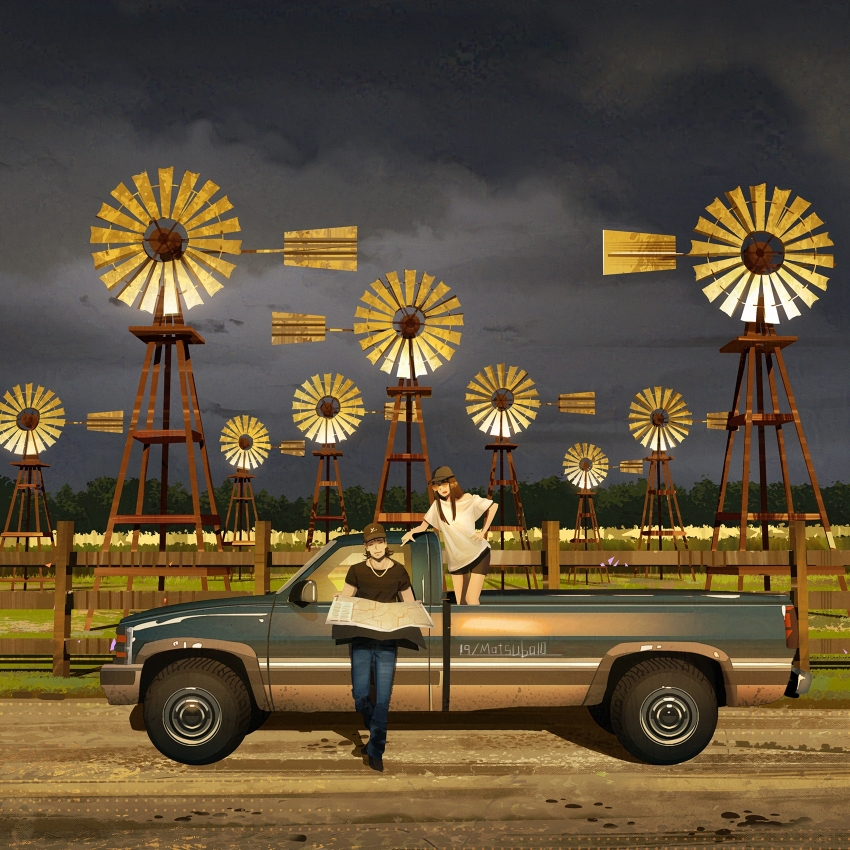 1boy 1girl baseball_cap black_hat black_shirt black_shorts blue_pants chevrolet cloud cloudy_sky day denim dirt_road evening fence grass hat highres jeans matsuba10 motor_vehicle on_truck original outdoors pants pickup_truck pinwheel road rural scenery shirt shorts sky standing t-shirt truck united_states white_shirt windmill wooden_fence