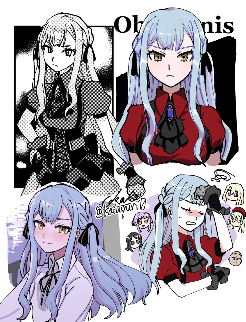 1boy 5girls ascot ave_mujica_(bang_dream!) bang_dream! bang_dream!_it&#039;s_mygo!!!!! black_ascot black_ribbon blonde_hair blue_eyes blue_hair blush brooch closed_mouth commentary_request hair_ribbon highres jewelry long_hair misumi_uika mortis_(bang_dream!) mortis_(costume)_(bang_dream!) multiple_girls oblivionis_(bang_dream!) partially_colored penguinbu purple_hair red_shirt ribbon shirt short_hair sidelocks togawa_sadaharu togawa_sakiko wakaba_mutsumi white_shirt yahata_umiri yellow_eyes yuutenji_nyamu