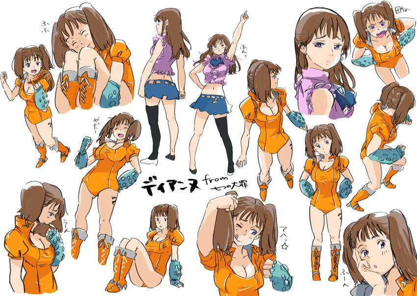 1girl absurdres blush boots breasts brown_eyes brown_hair cleavage cosplay diane_(nanatsu_no_taizai) elbow_gloves elizabeth_liones_(cosplay) giant giantess gloves high_collar highres jacket kuro_(toi_et_moi) large_breasts leather leather_jacket leotard leotard_pull low_twintails nanatsu_no_taizai orange_boots orange_leotard shoes single_elbow_glove single_glove size_difference twintails