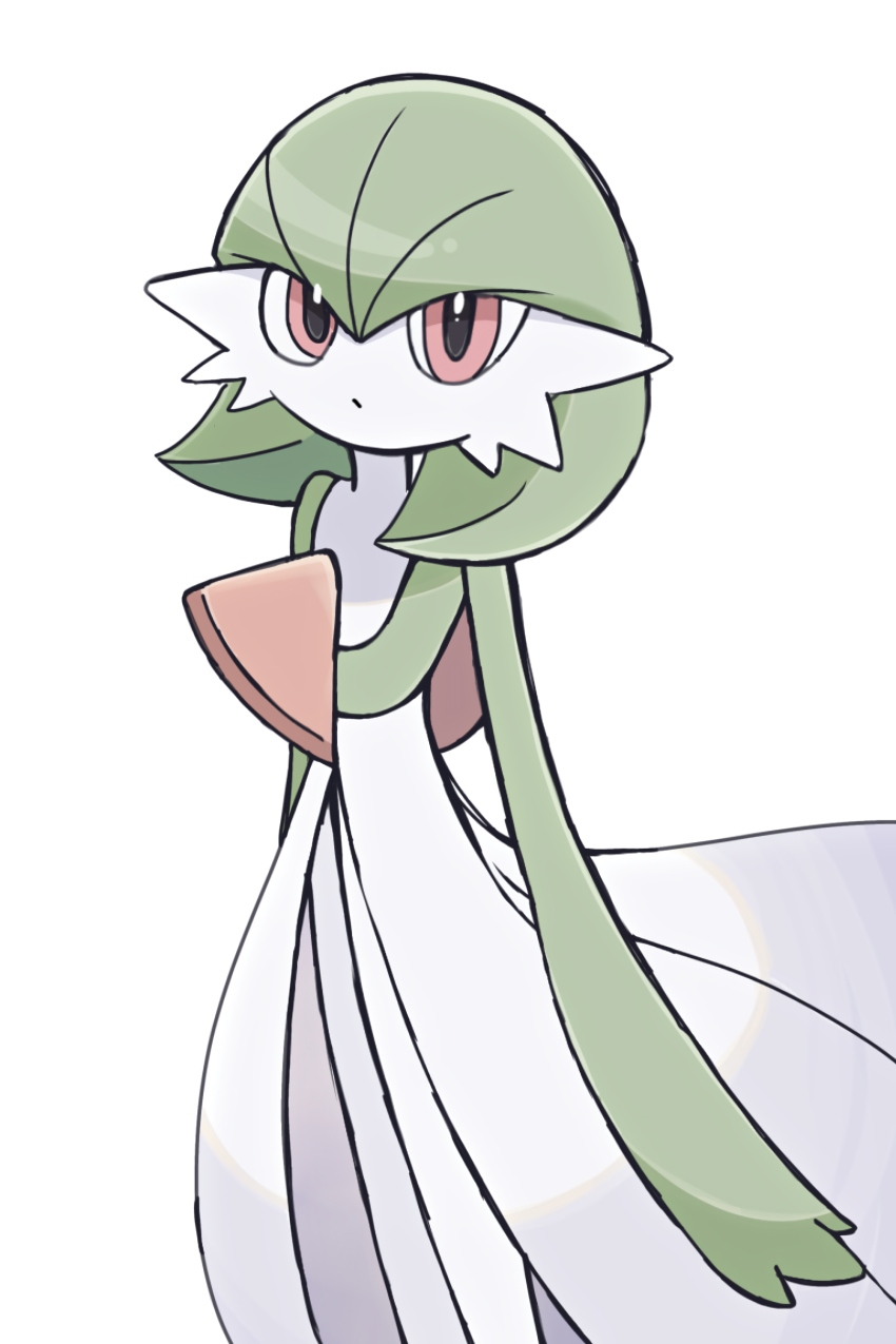 1girl arms_at_sides bob_cut closed_mouth colored_skin dot_mouth expressionless female_focus flat_chest green_hair green_skin hair_between_eyes legs_together looking_at_viewer multicolored_skin nintendo pokemon pokemon_(creature) red_eyes short_hair simple_background solo standing suzu_(pixiv_32232702) two-tone_skin white_background white_skin