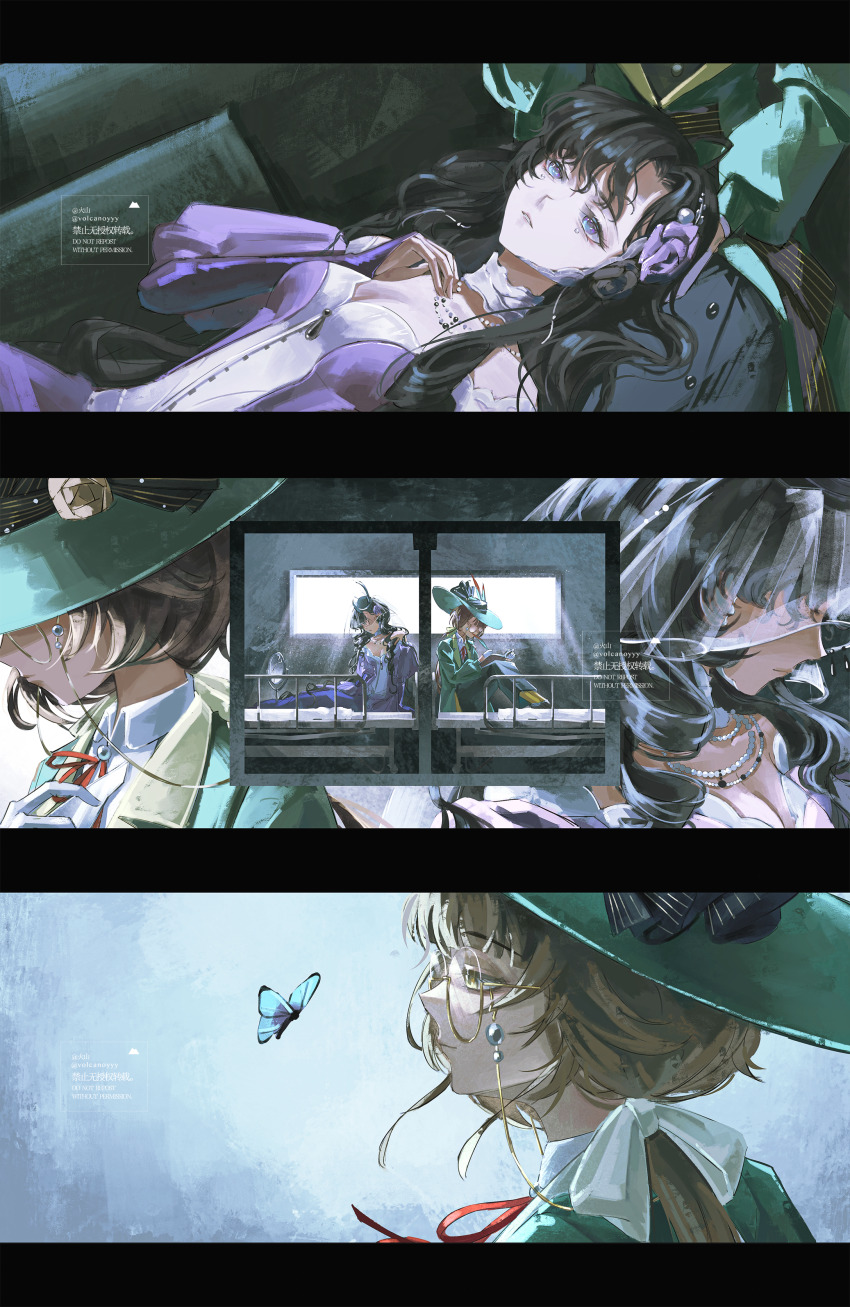 2girls absurdres black_hair black_skirt blue_butterfly bow breasts bug butterfly cleavage collared_shirt dress eyewear_strap flower glasses green_hat green_jacket hair_bow hair_flower hair_ornament hat highres insect isolde_(reverse:1999) jacket kakania_(reverse:1999) lap_pillow long_dress long_hair long_skirt looking_at_animal lying multiple_girls neck_ribbon on_bed profile purple_dress purple_eyes purple_flower red_ribbon reverse:1999 ribbon see-through_clothes see-through_veil shirt sitting skirt veil volcanoyyy watermark white_bow white_shirt