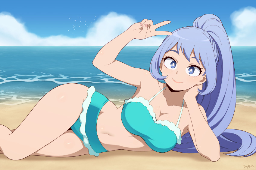 1girl absurdres beach bikini blue_bikini blue_eyes blue_hair blue_sky boku_no_hero_academia breasts cleavage closed_mouth cloud cloudy_sky commentary day hado_nejire hand_up high_ponytail highres large_breasts looking_at_viewer navel ocean outdoors ponytail sand simple_bird sky smile solo stayaliveplz swimsuit v