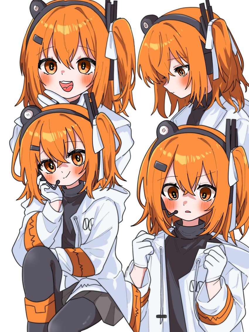 1girl a.i._voice adachi_rei black_pantyhose black_shirt blush closed_mouth drawstring gloves hair_ribbon hashtag-only_commentary headlamp highres jacket knee_up long_sleeves looking_at_another medium_hair multiple_views one_side_up open_clothes open_jacket open_mouth orange_eyes orange_hair pantyhose parted_lips radio_antenna ribbon shirt sitting smile turtleneck upper_body utau vvv_fnk white_background white_gloves white_jacket white_ribbon