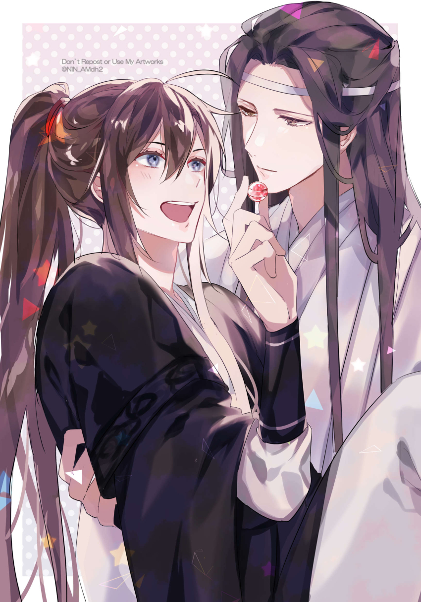 2boys absurdres ahoge bishounen black_hair black_hanfu black_robe brown_hair candy carrying chinese_clothes english_text feeding food hair_between_eyes hair_tie hanfu headband high_ponytail highres holding holding_candy holding_food hyottokoane lan_wangji long_hair long_sleeves looking_at_another male_focus modao_zushi multiple_boys open_mouth ponytail princess_carry purple_eyes robe sidelocks smile teeth twitter_username very_long_hair wei_wuxian white_hanfu white_headband white_robe wide_sleeves yaoi