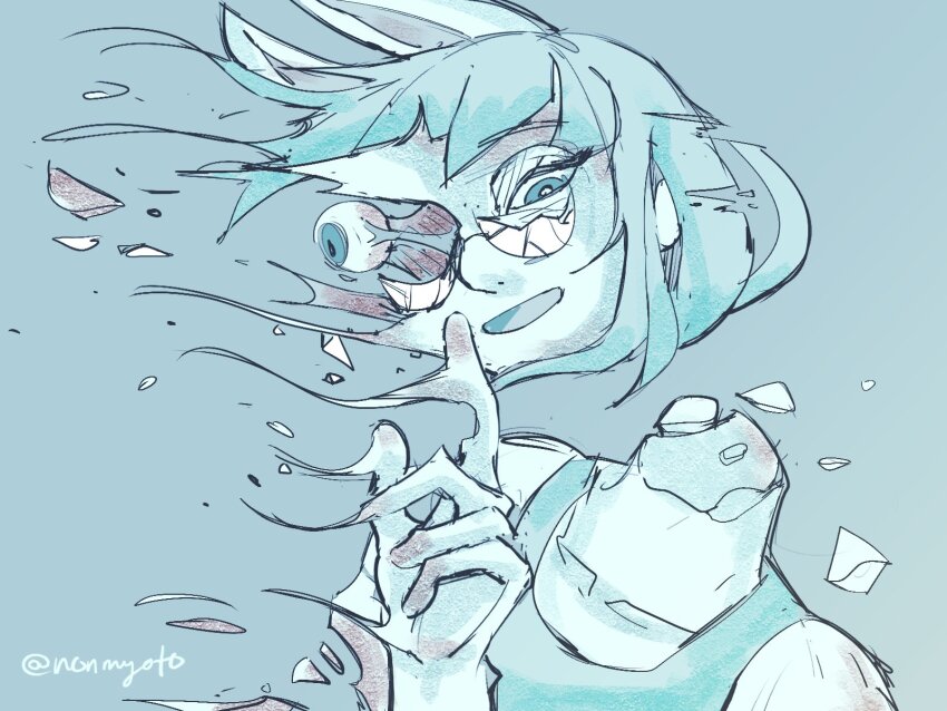 1girl animal_ears blue_background blue_eyes blue_hair blue_shirt broken_glass disintegration eyeball glass headless highres horse_ears horse_race_tests index_finger_raised long_hair looking_at_viewer melting monochrome nonmyoto shirt signature simple_background smile superstitional_realism twitter_username