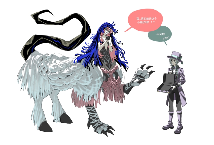 2girls absurdres ascot bare_arms bare_shoulders black_dress black_hands black_pants black_veil blue_bow blue_veil boater_hat boots bow chimera chinese_text coat colored_extremities dress grey_hair hair_bun hat hat_bow highres holding holding_suitcase long_hair molen106 monster_girl multiple_girls nautika_(reverse:1999) open_suitcase pants pink_hair purple_boots purple_coat purple_hat reverse:1999 shirt short_hair single_side_bun speech_bubble standing strapless strapless_dress suitcase tail talons translation_request two-tone_veil veil vertin_(reverse:1999) very_long_hair white_ascot white_shirt