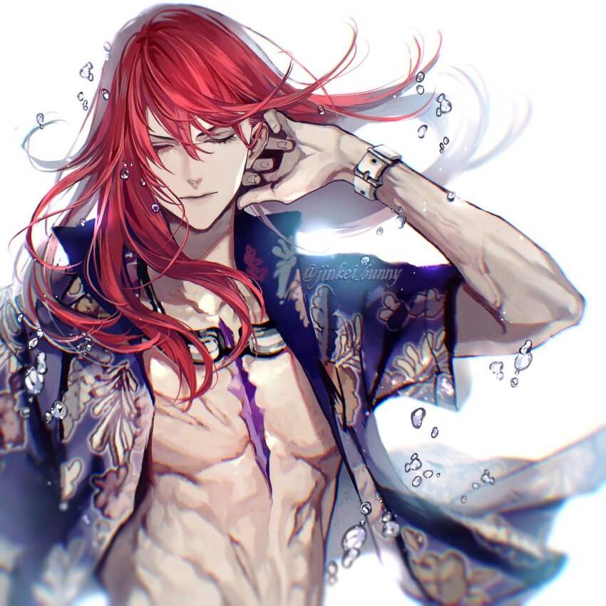 1boy air_bubble artist_name blue_shirt bubble closed_eyes closed_mouth fate/grand_order fate_(series) fingernails floating_hair floral_print hair_between_eyes highres koshika_rina long_hair male_focus muscular muscular_male open_clothes open_shirt pectorals red_hair shirt short_sleeves sidelocks simple_background solo tristan_(chicken_of_luluhawa)_(fate) tristan_(fate) upper_body watch white_background wristwatch