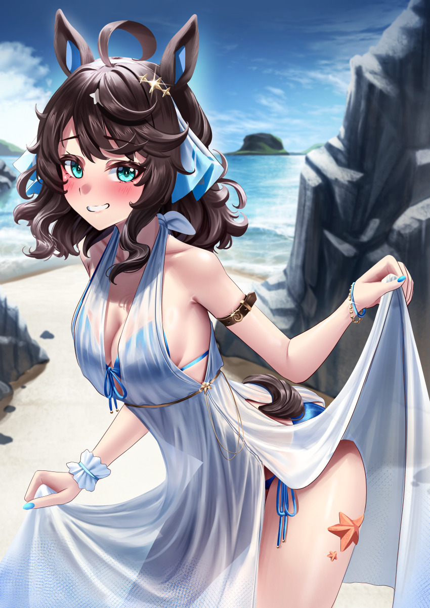 1girl absurdres alternate_costume animal_ears bikini black_hair blurry blurry_background blush breasts collarbone commentary_request commission daring_tact_(umamusume) dress grin hair_between_eyes hair_ornament highres horse_ears horse_girl horse_tail long_hair looking_at_viewer manjo_(warito) medium_breasts ocean pixiv_commission rock sky smile solo star_(symbol) star_hair_ornament swimsuit tail umamusume