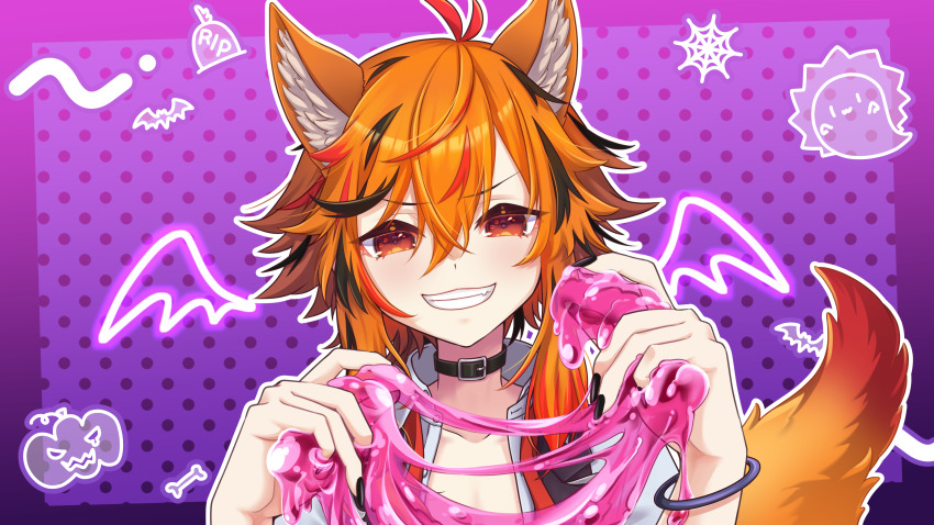 1girl absurdres animal_ears belt belt_collar black_belt black_hair black_nails black_vest collar collarbone fingernails fox_ears fox_girl fox_tail grin hair_between_eyes highres kazami_kuku kemonomimi_mode large_variant_set long_bangs long_hair looking_at_viewer multicolored_hair nail_polish nanashi_inc. open_clothes open_shirt open_vest orange_eyes orange_hair red_hair reona_kfc02 shirt slime_(substance) smile solo tail upper_body v-shaped_eyebrows variant_set vest virtual_youtuber white_shirt