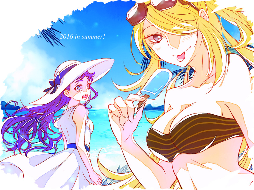 2girls beach bikini blonde_hair blue_eyes blue_sky bow brown_hair cynthia_(pokemon) diantha_(pokemon) dress food grey_eyes hair_down hat hat_bow ivory_(25680nico) long_hair looking_at_viewer multiple_girls nintendo pokemon pokemon_dppt pokemon_xy popsicle sky summer sun_hat sundress sunglasses swimsuit tongue tongue_out very_long_hair white_dress