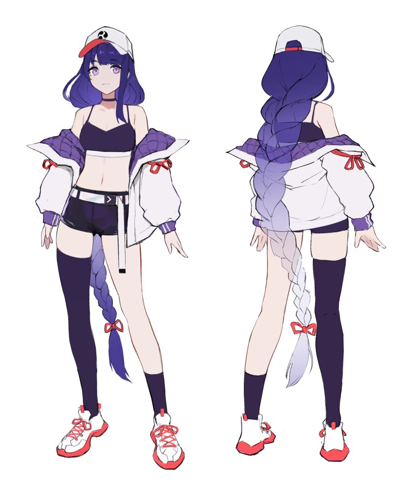 1girl absurdres alternate_costume armpit_crease arms_at_sides asymmetrical_legwear asymmetrical_sidelocks back bare_shoulders baseball_cap belt belt_buckle blue_hair braid breasts buckle choker cleavage closed_mouth colored_shoe_soles commentary contrapposto crotch_seam dot_nose double_vertical_stripe english_commentary eyebrows_hidden_by_hair from_behind full_body genshin_impact gluteal_fold hair_ribbon hat highres hoyofair invisible_floor jacket kneehighs kneepits legs_apart light_smile long_eyelashes long_hair long_legs long_sidelocks long_sleeves looking_at_viewer low-tied_long_hair midriff mole mole_under_eye multiple_views off_shoulder open_clothes open_hands open_jacket orange_ribbon orange_shoes puffy_long_sleeves puffy_sleeves purple_choker purple_eyes purple_hair purple_jacket purple_shorts purple_sleeve_cuffs purple_socks purple_sports_bra purple_thighhighs quilted_jacket raiden_shogun raised_eyebrows reference_sheet ribbon shoes short_shorts shorts sidelocks simple_background single_braid single_thighhigh skindentation sleeve_ribbon small_breasts sneakers socks sports_bra standing swept_bangs thick_eyelashes thighhighs translucent_hair turnaround two-sided_fabric two-sided_jacket vertigris very_long_hair white_background white_belt white_hat white_jacket white_shoes white_trim