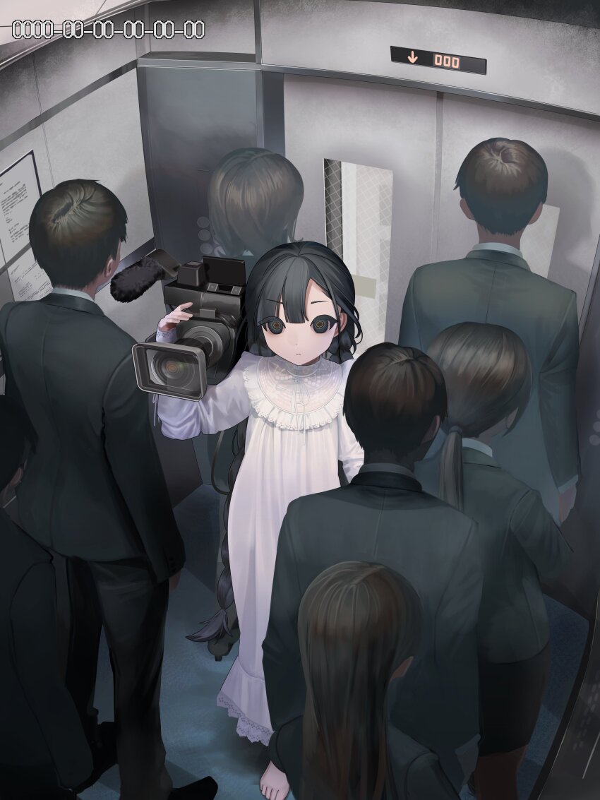 3boys 4girls absurdres barefoot black_eyes black_hair black_jacket black_pants black_suit braid brown_hair business_suit camera closed_mouth dress elevator formal_clothes from_above full_body highres holding holding_camera indoors jacket long_hair long_sleeves multiple_boys multiple_girls original pants paper people short_hair sleepwear standing suit test_norma1 timestamp twin_braids very_long_hair video_camera white_dress