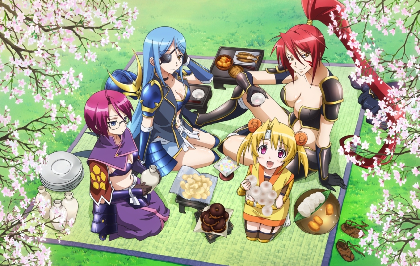 10s 4girls akechi_mitsuhide armor blonde_hair blue_hair breasts character_request cherry_blossoms cleavage eyepatch food glasses headband helmet hide_yoshino highres long_hair multiple_girls navel oda_nobunaga personification picnic pink_hair ponytail red_hair sengoku_otome short_hair toyotomi_hideyoshi twintails very_long_hair