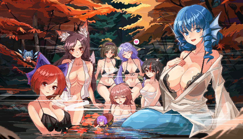 6+girls :d absurdres animal_ears bikini black_bikini black_bra blue_bow blue_eyes bow bowl bra breasts brown_eyes cirno cleavage closed_eyes closed_mouth collarbone commentary commentary_request cone_horns convenient_censoring detached_wings double_dealing_character drill_hair drill_sidelocks eaglov english_commentary fins forest frilled_bra frills grey_horns hair_bow hairband head_fins heart highres horikawa_raiko horns ice ice_wings imaizumi_kagerou kijin_seija large_breasts long_hair medium_breasts mermaid mixed-language_commentary mole mole_on_breast monster_girl multicolored_hair multiple_girls naked_towel nature navel onsen open_mouth outdoors pixel_art purple_hair purple_hairband red_eyes red_hair see-through_clothes see-through_shirt sekibanki short_hair sidelocks smile spoken_heart steam streaked_hair sukuna_shinmyoumaru swimsuit touhou towel tsukumo_benben tsukumo_yatsuhashi underwear wakasagihime wings wolf_ears wolf_girl