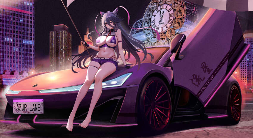1girl absurdres arm_strap azur_lane bare_legs bare_shoulders barefoot between_breasts bikini black_gloves black_hair breasts car chi_an_(azur_lane) cleavage closed_mouth cone_hair_bun crop_top feet fingerless_gloves flag framed_breasts full_body gac_aion_hyper_ssr gloves hair_between_eyes hair_bun highleg highres holding holding_flag kcar66t large_breasts long_hair looking_at_viewer micro_shorts midriff motor_vehicle multi-strapped_bikini_bottom navel necktie necktie_between_breasts on_car outdoors purple_bikini purple_eyes purple_shorts race_queen real_world_location short_necktie short_shorts shorts sitting sitting_on_car skindentation sleeveless smile solo sports_car stomach string_bikini swimsuit thigh_strap thighs toes very_long_hair wing_collar