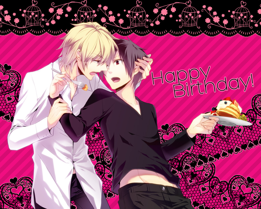 2boys birdcage black_pants black_shirt blonde_hair buttons cage chocolate_chip collarbone collared_shirt commentary_request denim durarara!! eating food fork fruit hand_on_another&#039;s_head happy_birthday heart heart_background heiwajima_shizuo holding holding_another&#039;s_arm holding_fork holding_plate ice_cream imminent_kiss jeans kiwi_(fruit) kiwi_slice lace_background long_sleeves male_focus midriff_peek multiple_boys navel orihara_izaya pancake pancake_stack pants pink_background plate red_eyes shirt sleeve_cuffs standing strawberry strawberry_slice striped_clothes striped_shirt v-neck white_shirt yaoi yuzuriha_(no_yzrh)