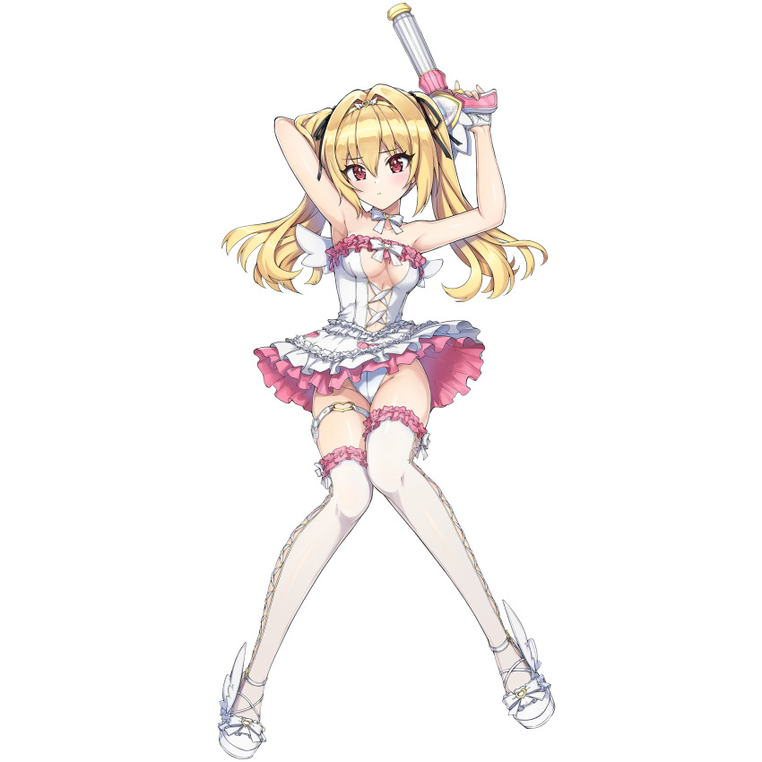 1girl angel angel_wings blonde_hair breasts cleavage_cutout clothing_cutout dolphin_wave game_cg gun hair_intakes highres holding holding_gun holding_weapon kazami_ellen long_hair neck_ribbon non-web_source o-ring o-ring_thigh_strap official_art ootomo_takuji panties pantyshot red_eyes ribbon shoes small_breasts thigh_strap thighhighs tutu twintails underwear weapon white_wings winged_shoes wings