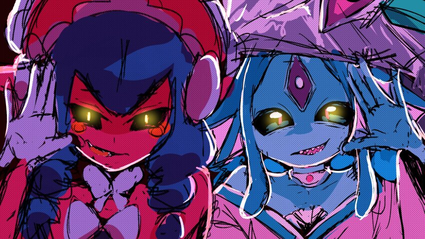 2girls ariemon bare_shoulders black_sclera blue_hair bonnet colored_sclera colored_skin digimon digimon_(creature) facial_mark fins forehead_mark head_fins highres japanese_clothes kimono la_wuchi lamiamon multiple_girls parted_lips pink_kimono pink_skin sharp_teeth smile teeth upper_body yellow_eyes