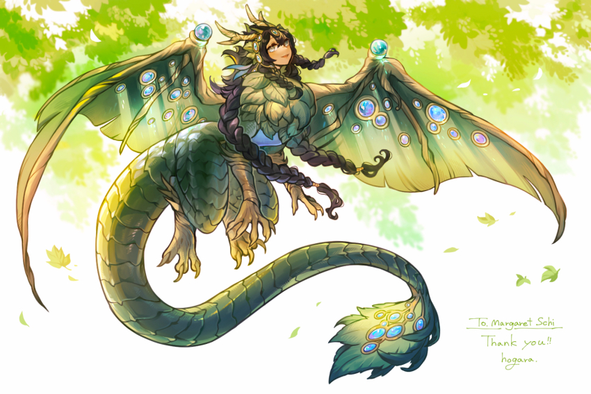 1girl antlers black_hair braid claws commentary_request commission dragon_girl dragon_wings flying full_body green_eyes green_theme hogara horns human_head leaf long_hair looking_at_viewer monster_girl multiple_braids original skeb_commission solo very_long_hair white_background wings