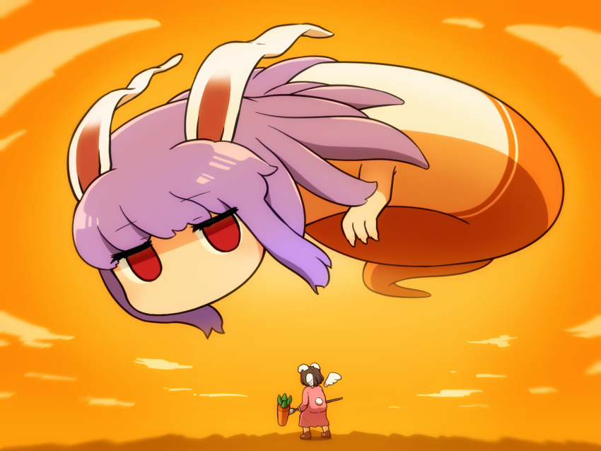 2girls animal_ears brown_hair commentary detached_wings dress flying full_body inaba_tewi kine long_hair mallet multiple_girls orange_sky parody parody_request pink_dress purple_hair rabbit_ears rabbit_girl rabbit_tail red_eyes reisen_udongein_inaba shirosato short_hair sky standing symbol-only_commentary tail touhou white_wings wings