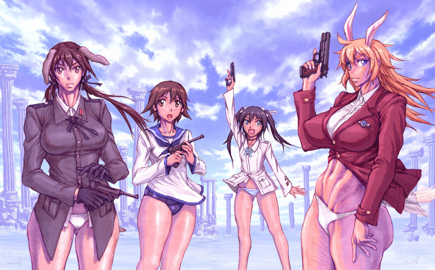 4girls aiming animal_ears beretta_m1934 bottomless charlotte_e._yeager dog_ears dress francesca_lucchini gertrud_barkhorn gloves gun handgun luger_p08 m1911 military military_uniform miyafuji_yoshika multiple_girls muscular muscular_female nambu_type_14 no_pants pistol pointing pointing_up rabbit_ears rabbit_girl sailor sailor_dress same_(carcharodon) strike_witches swimsuit underwear weapon world_witches_series