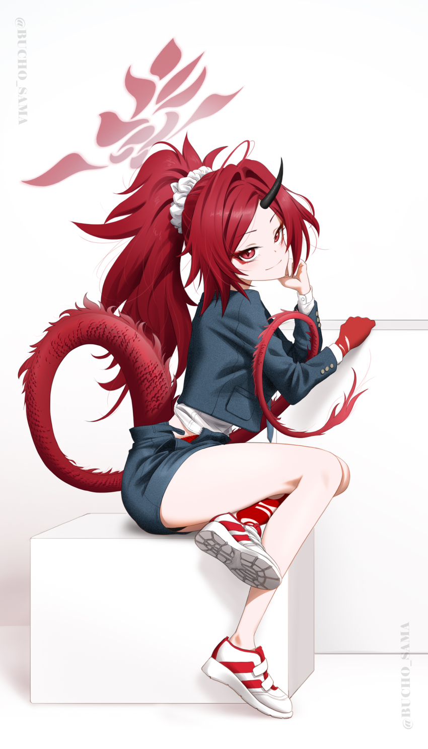1girl absurdres alternate_costume black_horns black_panties blue_archive bucho_sama dragon_girl dragon_horn dragon_tail eyeshadow grey_jacket grey_skirt halo highres horns jacket long_hair long_sleeves makeup miniskirt panties panty_peek ponytail red_eyes red_eyeshadow red_hair red_halo red_tail renge_(blue_archive) school_uniform shirt shoes single_horn sitting skirt smile sneakers solo tail underwear very_long_hair white_shirt