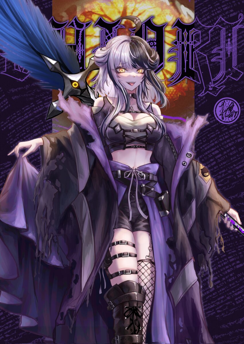 1girl alternate_costume black_boots black_coat black_hair black_shorts boots breasts character_name cleavage coat crop_top fishnet_thighhighs fishnets grey_hair highres holding holding_quill hololive hololive_english large_breasts long_hair looking_at_viewer multicolored_hair oversized_object quill shiori_novella shorts single_thigh_boot single_thighhigh solo split-color_hair thigh_boots thighhighs tongue tongue_out two-tone_hair virtual_youtuber yellow_eyes zolomon_(jarvis_lin)