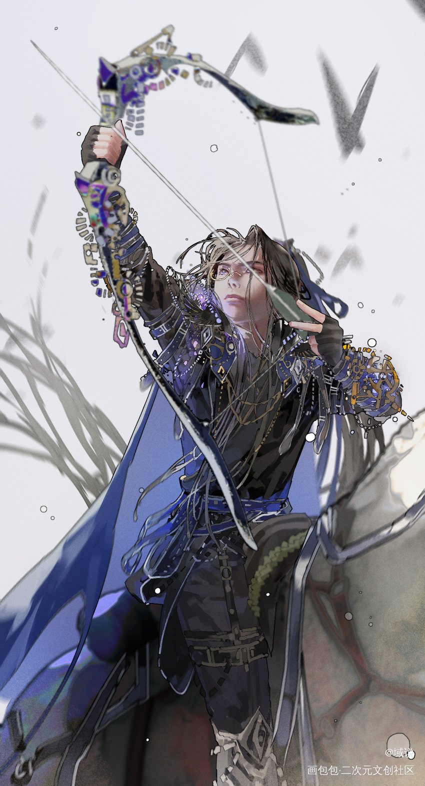 1boy absurdres archery armor arrow_(projectile) black_gloves black_hair black_hanfu blue_cape blue_sash bow_(weapon) bridle cape chinese_clothes chinese_commentary closed_mouth drawing_bow fingerless_gloves gloves gu_yun hanfu highres holding holding_bow_(weapon) holding_weapon horseback_archery horseback_riding long_hair long_sleeves looking_up male_focus monocle purple_eyes riding round_eyewear saddle sash sha_po_lang solo weapon white_background yu_shuo_de_nian_ji_zhu
