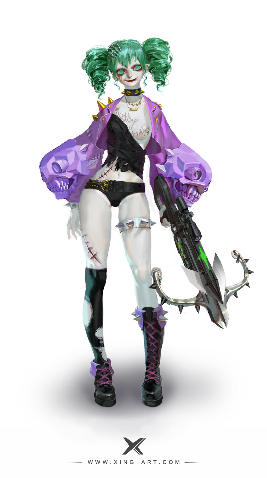 1girl absurdres asymmetrical_footwear bandaid bandaid_on_breast batman_(series) belt black_belt black_boots black_choker black_panties black_socks blood blood_from_mouth blood_on_face blue_eyes body_writing boots bow_(weapon) breasts buttons chain character_request chinese_commentary choker closed_mouth collared_jacket commentary_request copyright_request crop_top cropped_jacket crossbow crossed_bandaids dc_comics drill_hair evil_smile full_body gold_buckle gold_chain green_hair gun hand_hair_ornament highres holding holding_crossbow holding_weapon jacket knees lace-up_boots lapels lipstick long_sleeves looking_at_viewer makeup midriff navel necktie notched_lapels o-ring o-ring_belt one_breast_out open_clothes open_jacket over-kneehighs pale_skin panties puffy_long_sleeves puffy_sleeves purple_jacket red_lips rifle shirt short_hair short_twintails shoulder_spikes simple_background single_over-kneehigh single_thighhigh skeletal_hand skull_print small_breasts smile socks solo spiked_boots spiked_choker spiked_thighlet spikes standing starlab stitched_leg stitches thighhighs tight_clothes torn_clothes torn_socks twin_drills twintails underwear weapon white_background yellow_necktie
